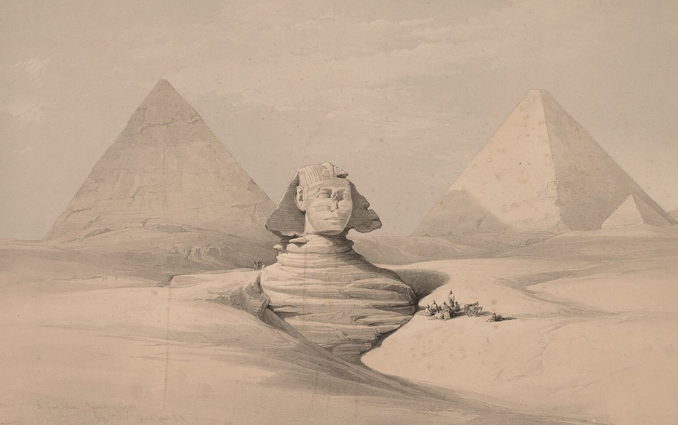 A Grande Esfinge e as pirâmides de Gizé, litografia de Louis Haghe a partir de David Roberts