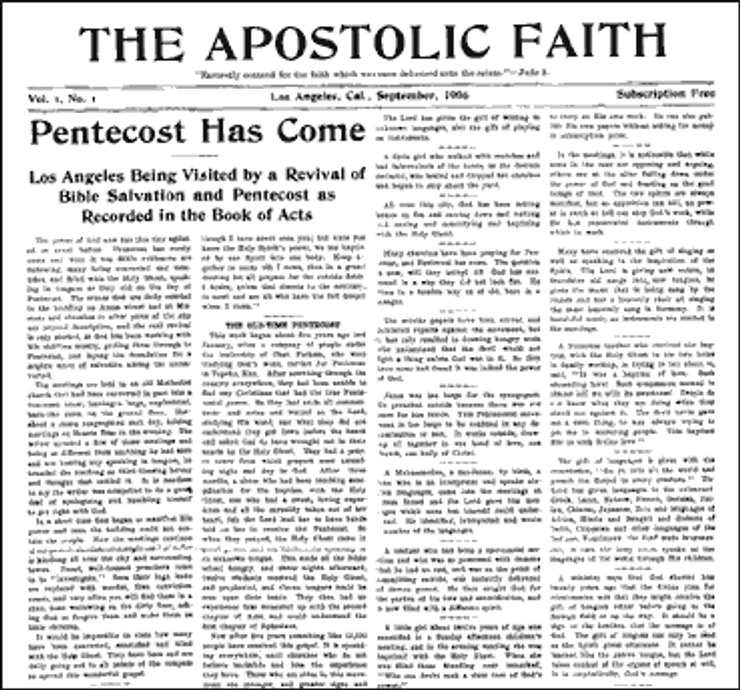 Primeira página do jornal The Apostolic Faith, volume 1, número 1, Los Angeles, setembro de 1906, com a manchete Pentecost Has Come em letras grandes e quatro colunas de texto