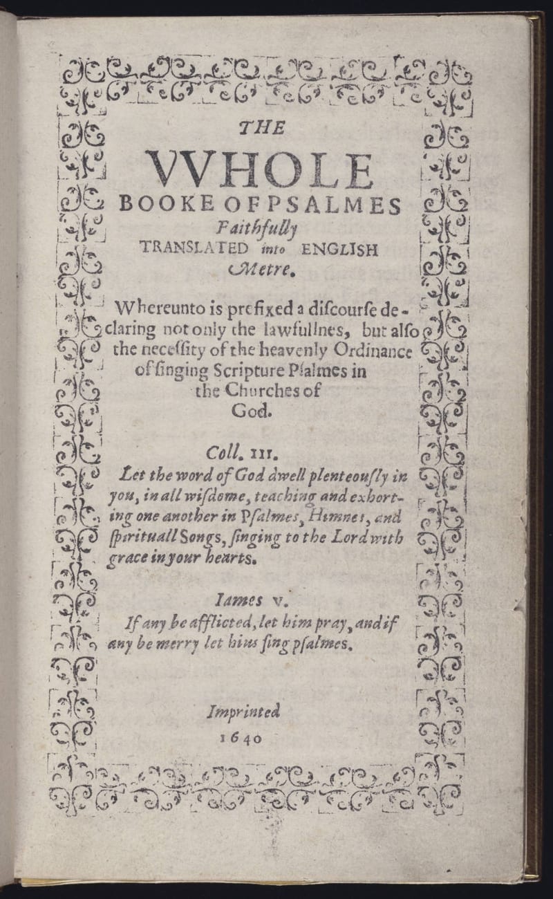 Página de rosto do Bay Psalm Book, com o título em letras góticas e romanas e a data 1640