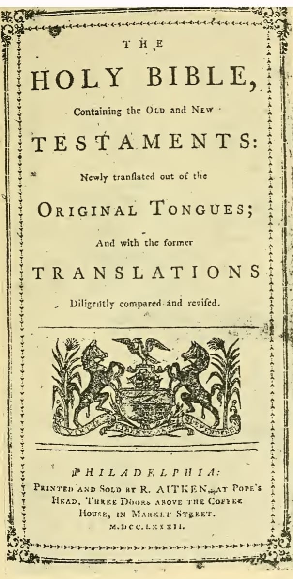 Página de rosto da Bíblia de Aitken, impressa na Filadélfia em 1782, com o título em letras góticas e romanas