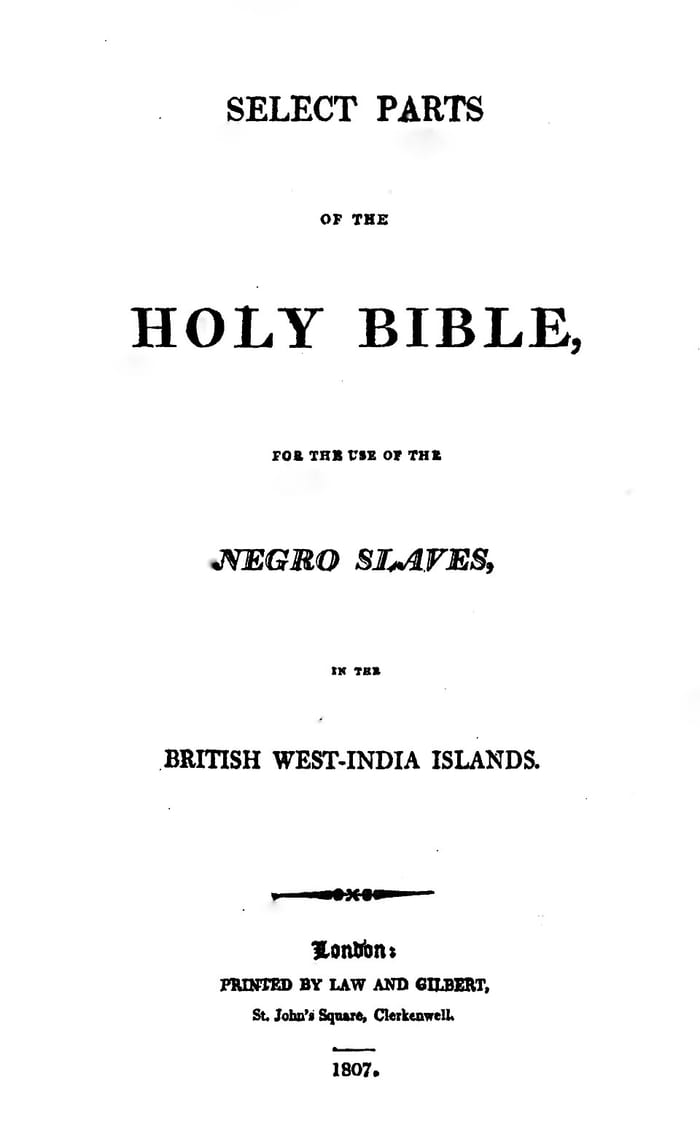 Página de rosto do livro Select Parts of the Holy Bible, for the use of the Negro Slaves, impresso em Londres em 1807