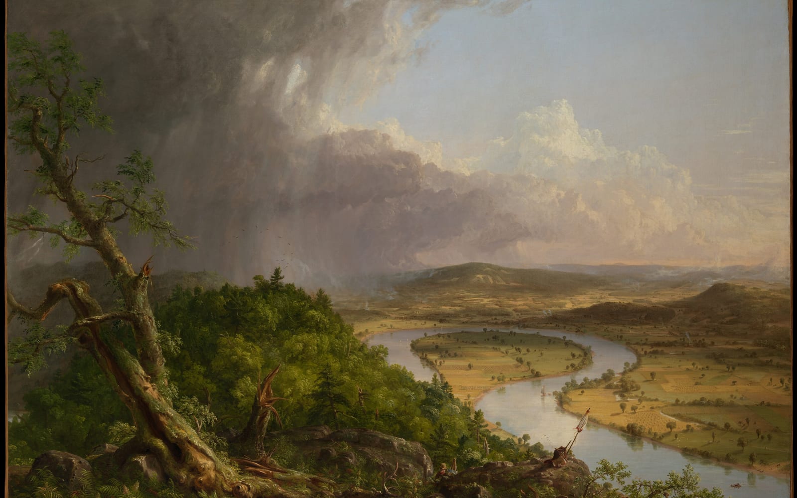 Pintura de paisagem: um rio faz uma grande curva em forma de ferradura num vale de campos dourados, sob nuvens de tempestade que se abrem à esquerda, com árvores retorcidas em primeiro plano e um pintor minúsculo entre as rochas