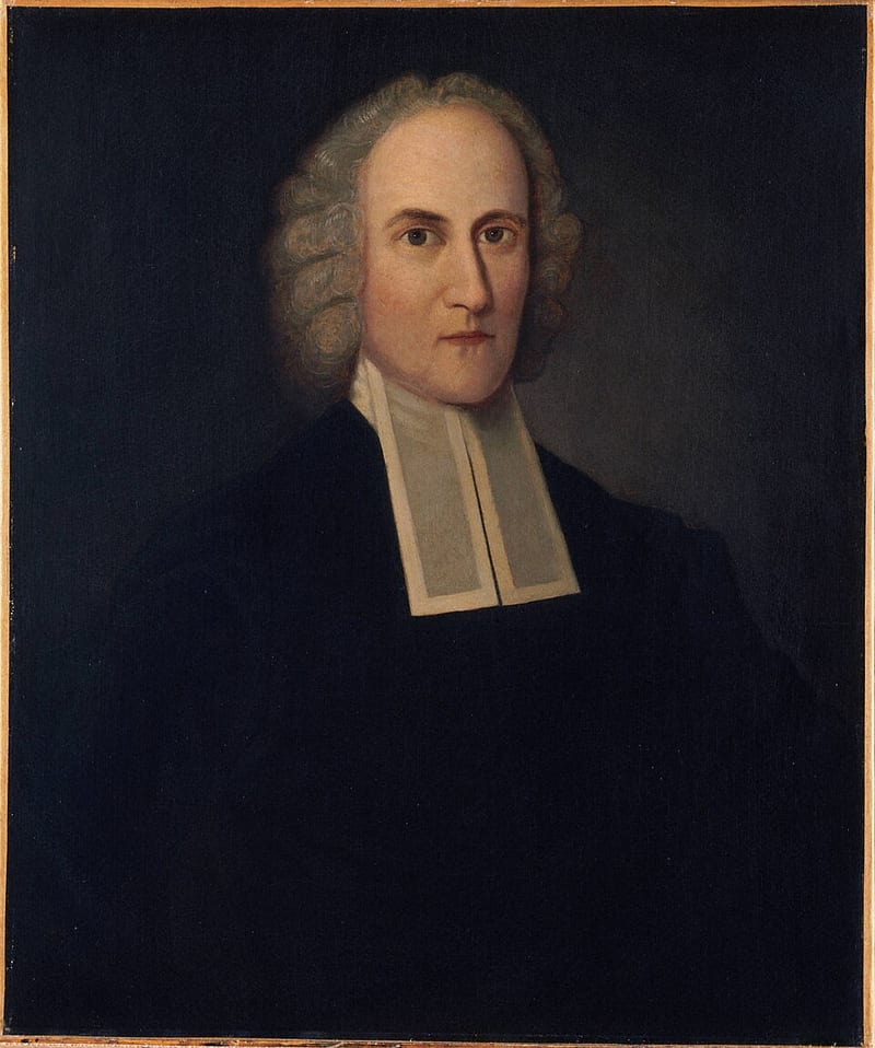 Retrato a óleo de Jonathan Edwards, de peruca branca e roupa escura, em fundo escuro