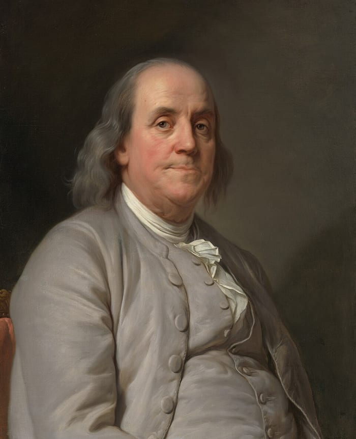 Retrato a óleo de Benjamin Franklin idoso, de cabelos longos e casaco marrom, olhando para o espectador