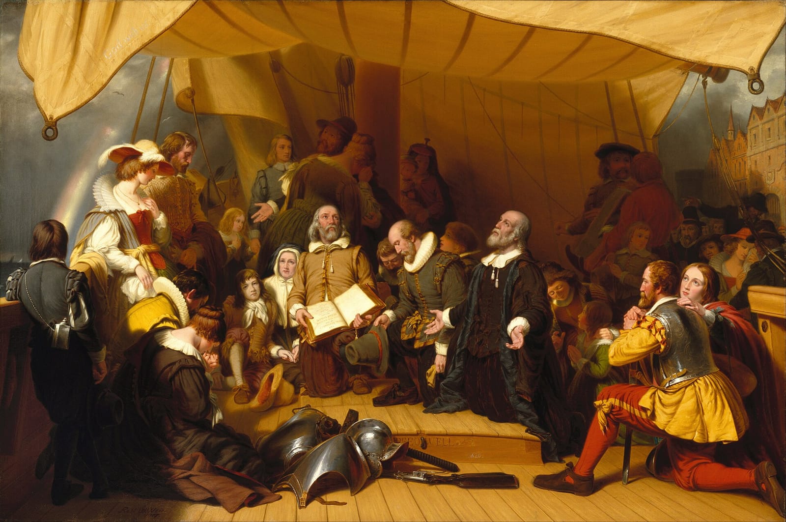 Pintura de Robert Weir: peregrinos ajoelhados no convés de um navio em Delfshaven, com um homem de barba segurando uma Bíblia aberta e o pastor de braços abertos olhando para o alto