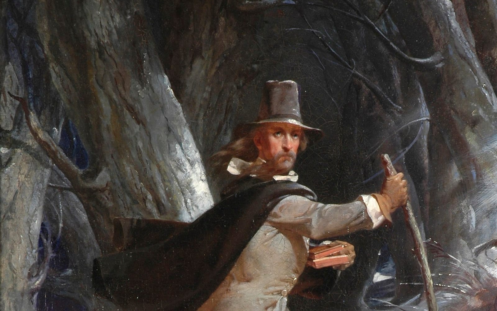 Pintura de um homem de chapéu alto e capa escura caminhando na neve entre árvores, com livros sob o braço e um cajado, olhando para trás
