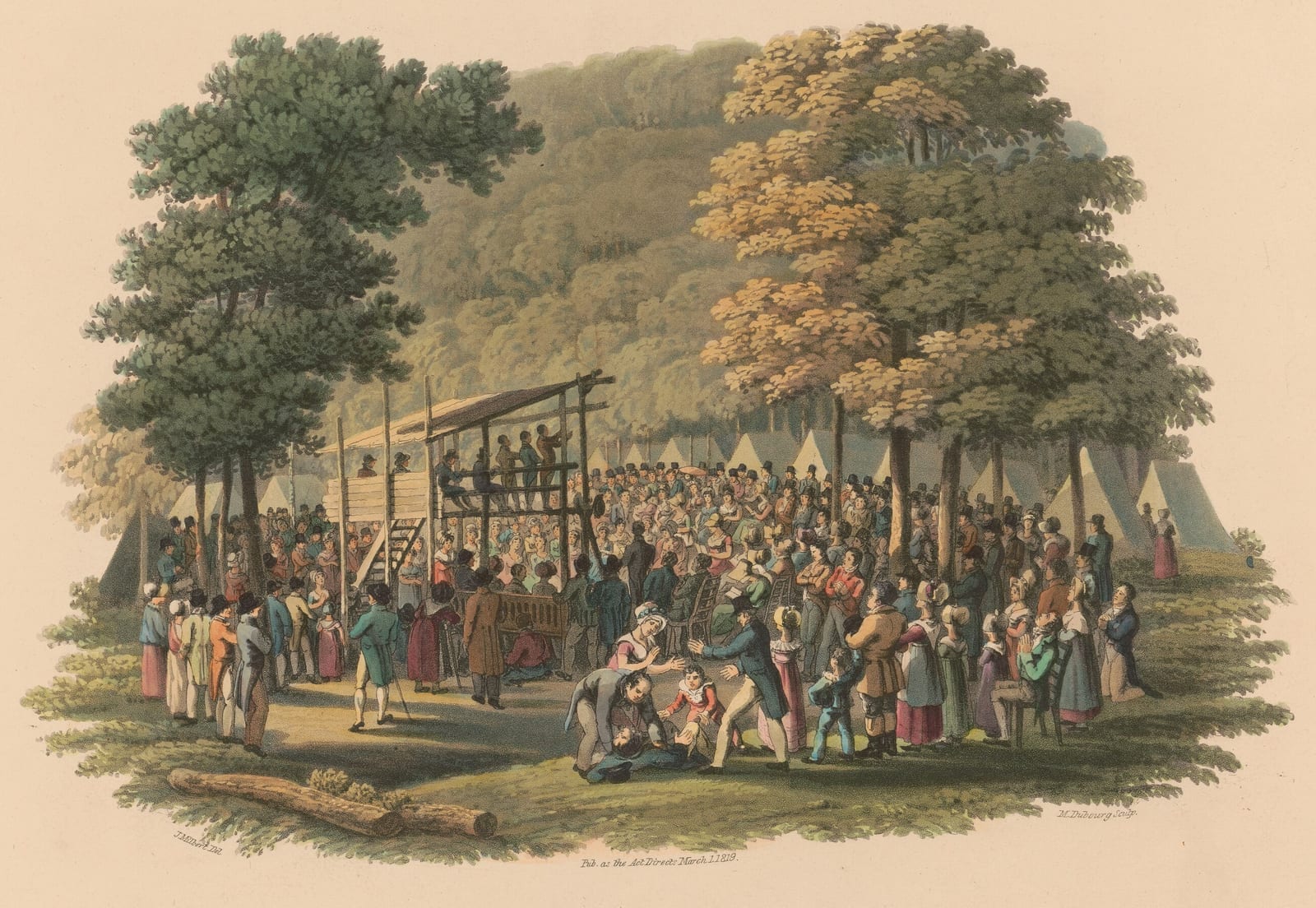 Gravura colorida de um acampamento religioso ao ar livre: pregadores num palanque de madeira, uma multidão em volta e pessoas caídas no chão, sob árvores e tendas brancas