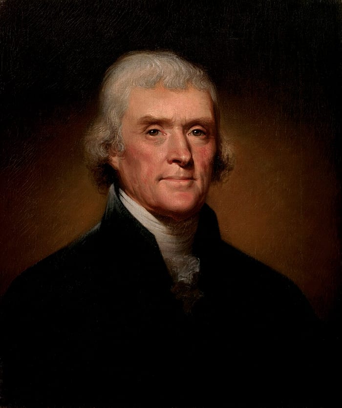 Retrato a óleo de Thomas Jefferson, de cabelos grisalhos e casaco escuro de gola alta, sobre fundo azul-acinzentado