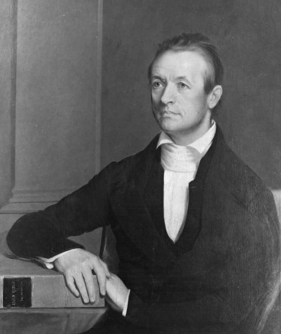 Retrato a óleo em tons de cinza de Adoniram Judson, homem de meia-idade de gravata branca e casaco escuro, sentado de lado com o braço apoiado sobre um grande livro cuja lombada diz Holy Bible in Burman