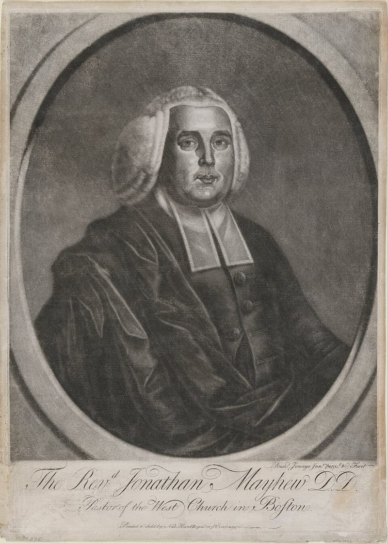 Gravura em mezzotinta: retrato de Jonathan Mayhew, de peruca e colarinho de pastor, dentro de uma moldura oval
