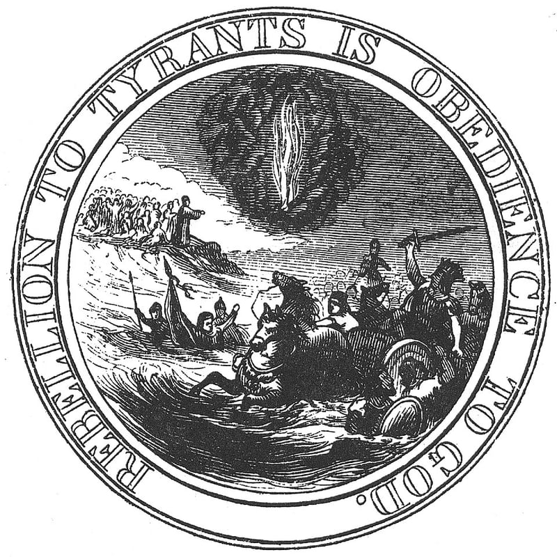 Desenho de um selo circular com o Faraó numa carruagem diante das águas do mar Vermelho e Moisés na margem, sob uma coluna de fogo