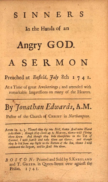 Página de rosto da primeira edição do sermão Sinners in the Hands of an Angry God, impressa em Boston em 1741