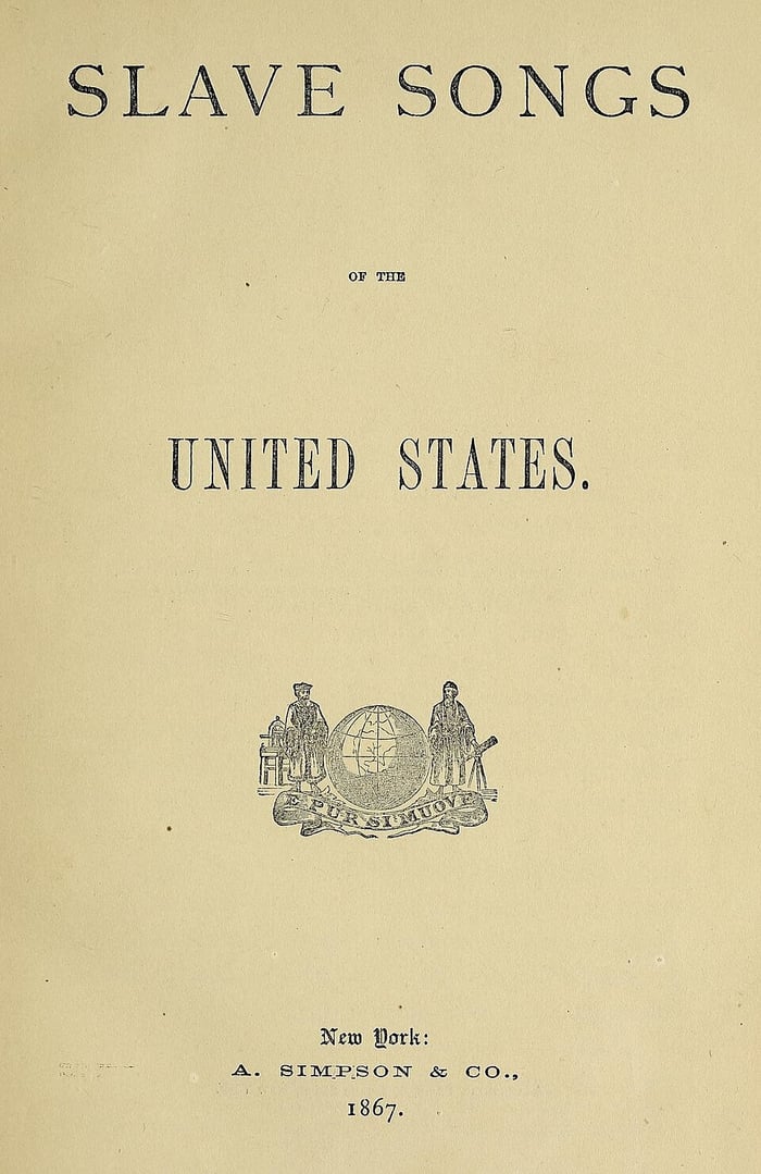 Página de rosto do livro Slave Songs of the United States, de 1867, com o título e os nomes dos editores