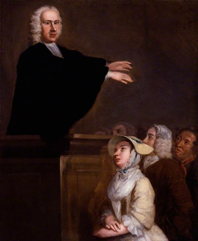 Retrato de George Whitefield, de peruca branca e beca preta, com a Bíblia ao lado
