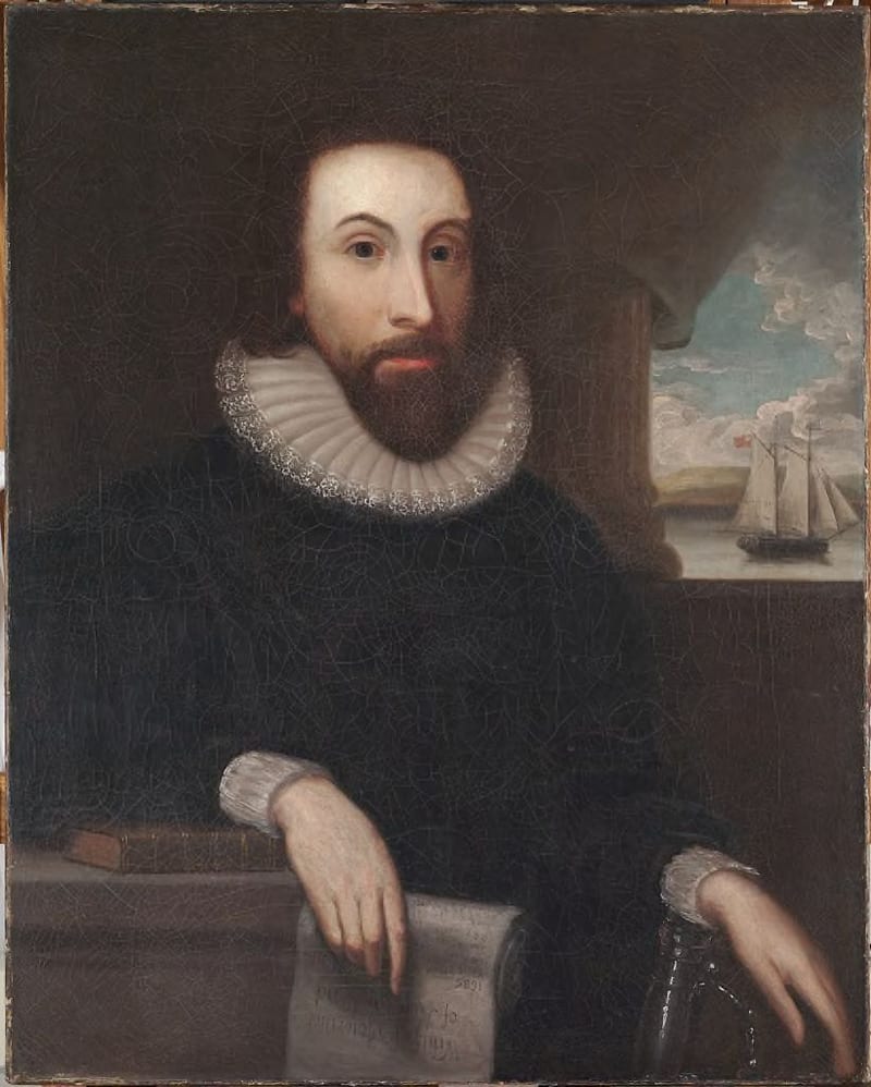 Retrato a óleo de John Winthrop, de barba, gola branca e traje escuro, segurando um manuscrito enrolado