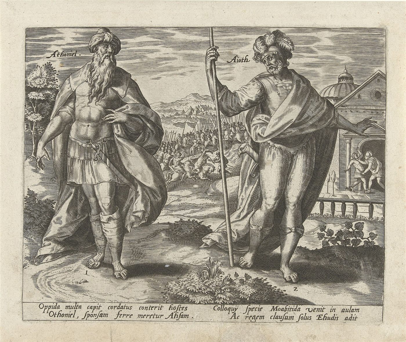 Otniel e Eúde, os juízes de Israel, gravura de Hans Collaert (1585)