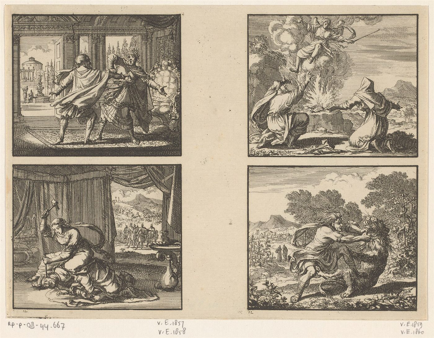 Eglon morto por Ehud; Jael e Sisera; Manoa e Sansão — gravura de Jan Luyken (1698)
