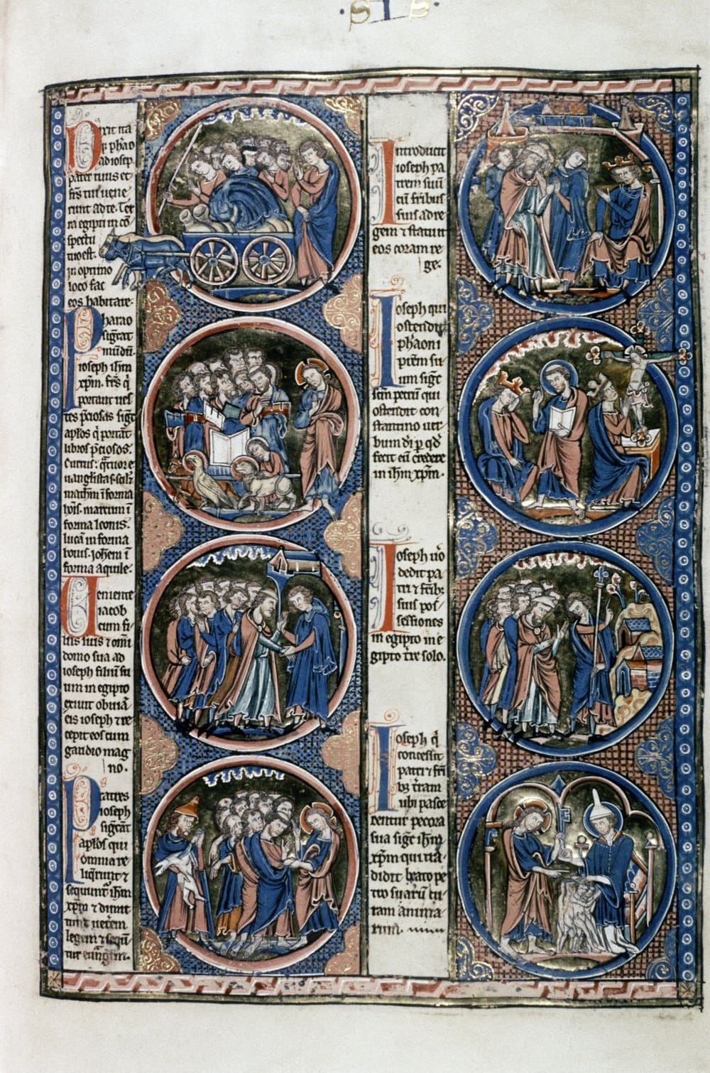 Página de manuscrito do século XIII com oito medalhões circulares coloridos e colunas de texto latino, mostrando cenas da história de José no Egito e, ao lado, imagens da interpretação espiritual