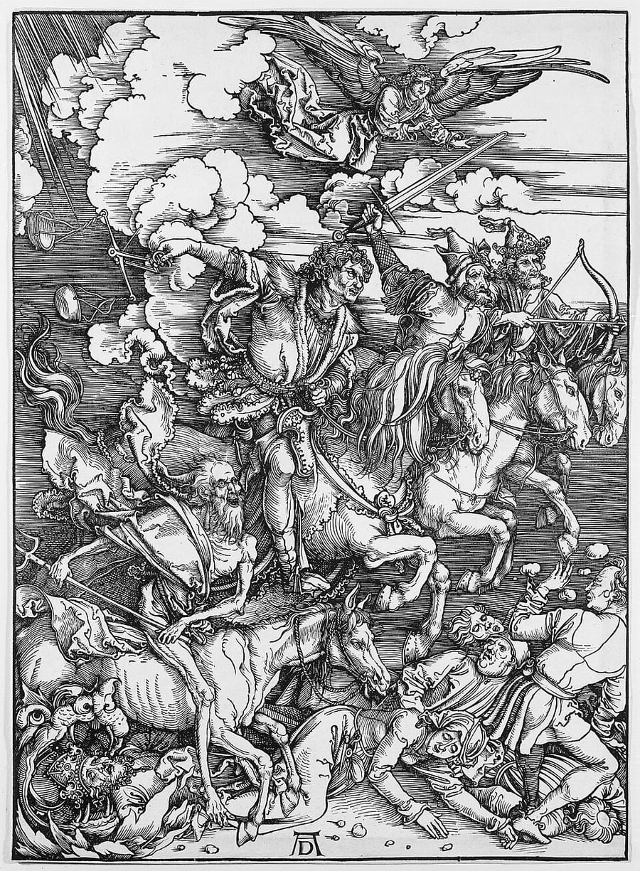 Gravura em preto e branco de Dürer: quatro cavaleiros em fúria avançam sobre pessoas caídas, entre elas um bispo, com a boca do inferno à esquerda
