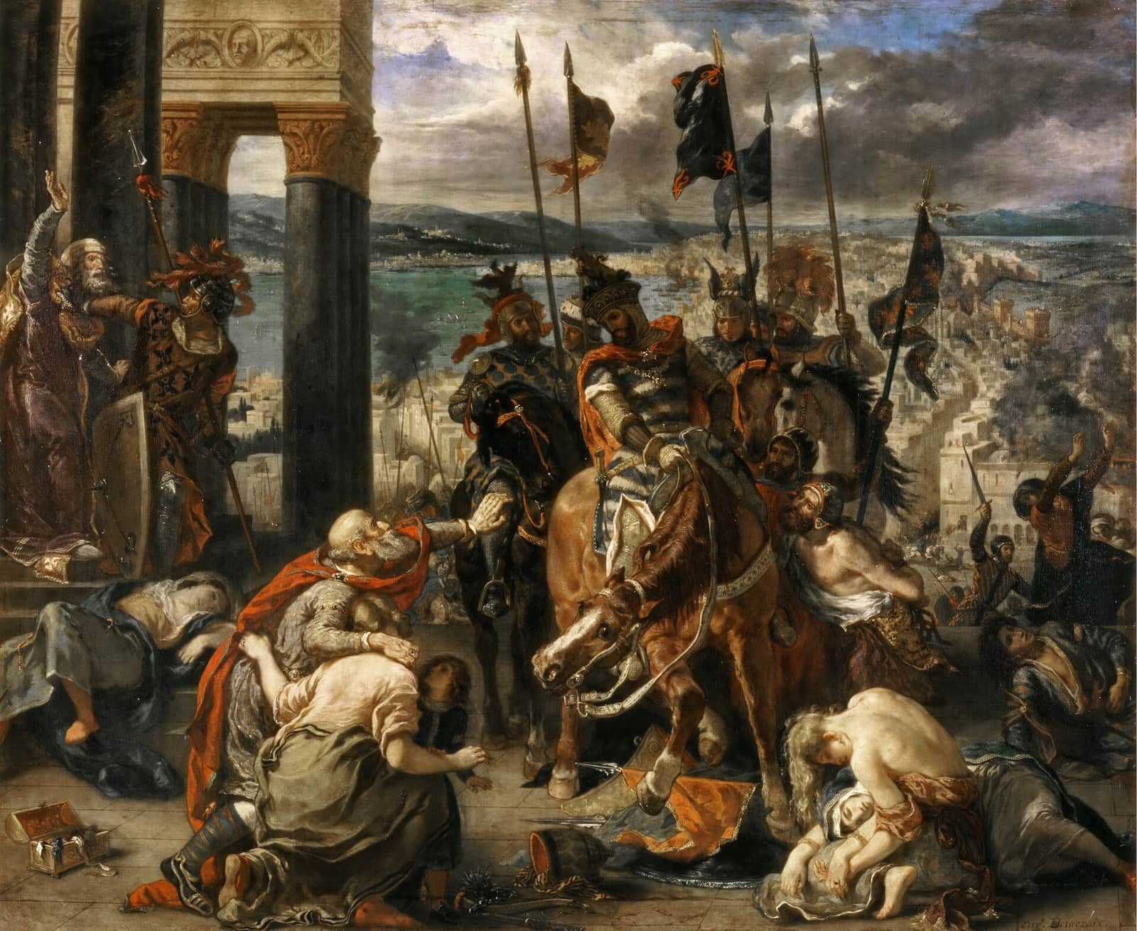Pintura de Delacroix: cruzados a cavalo entram em Constantinopla entre mulheres suplicantes, com a cidade e o mar ao fundo