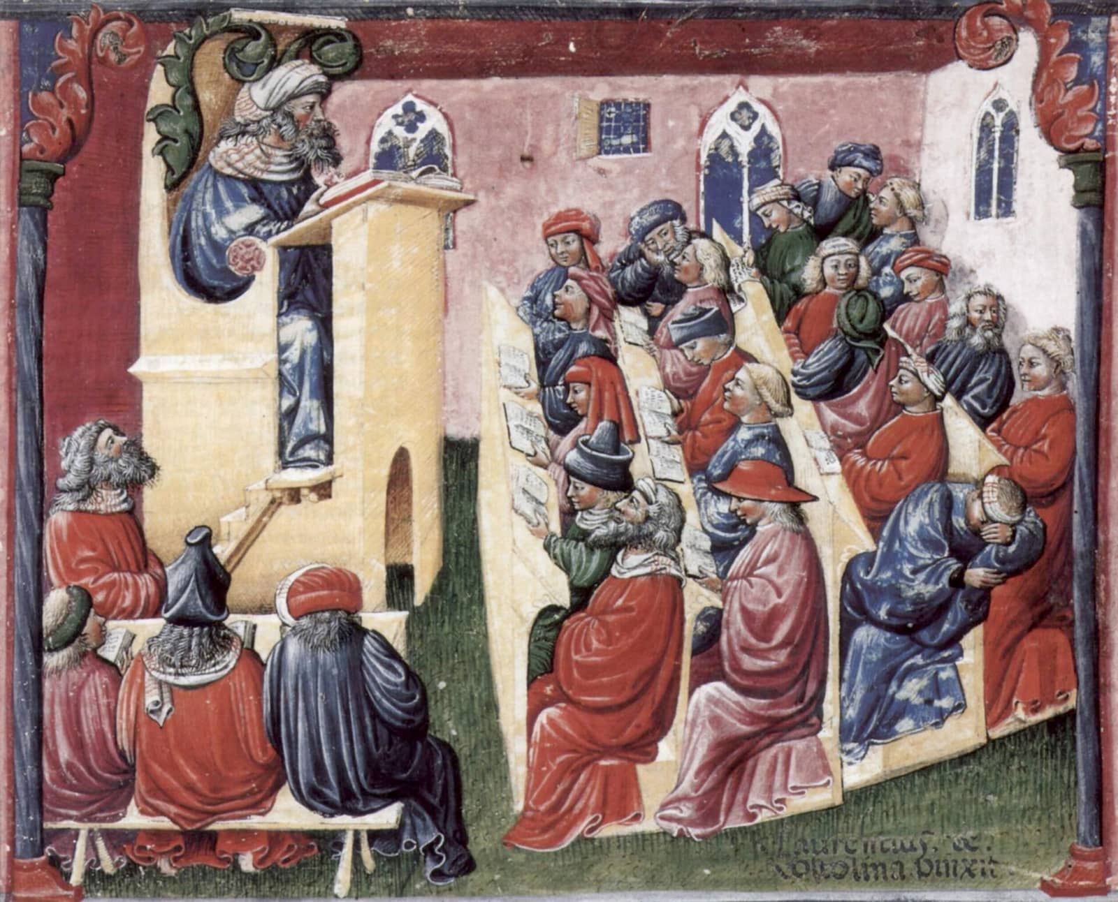 Miniatura medieval de uma aula universitária: o mestre, num púlpito alto, fala a alunos sentados em bancos com livros abertos; alguns conversam ou cochilam