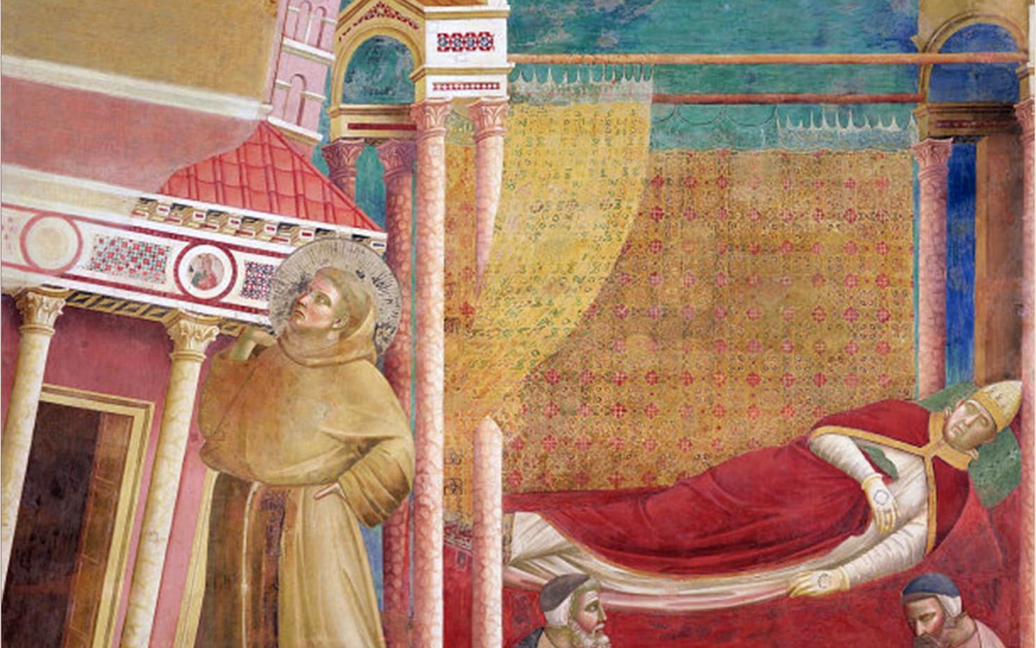 Afresco: o papa Inocêncio III dorme num leito sob um baldaquino, e Francisco, de hábito pardo, sustenta a igreja de Latrão que ameaça cair