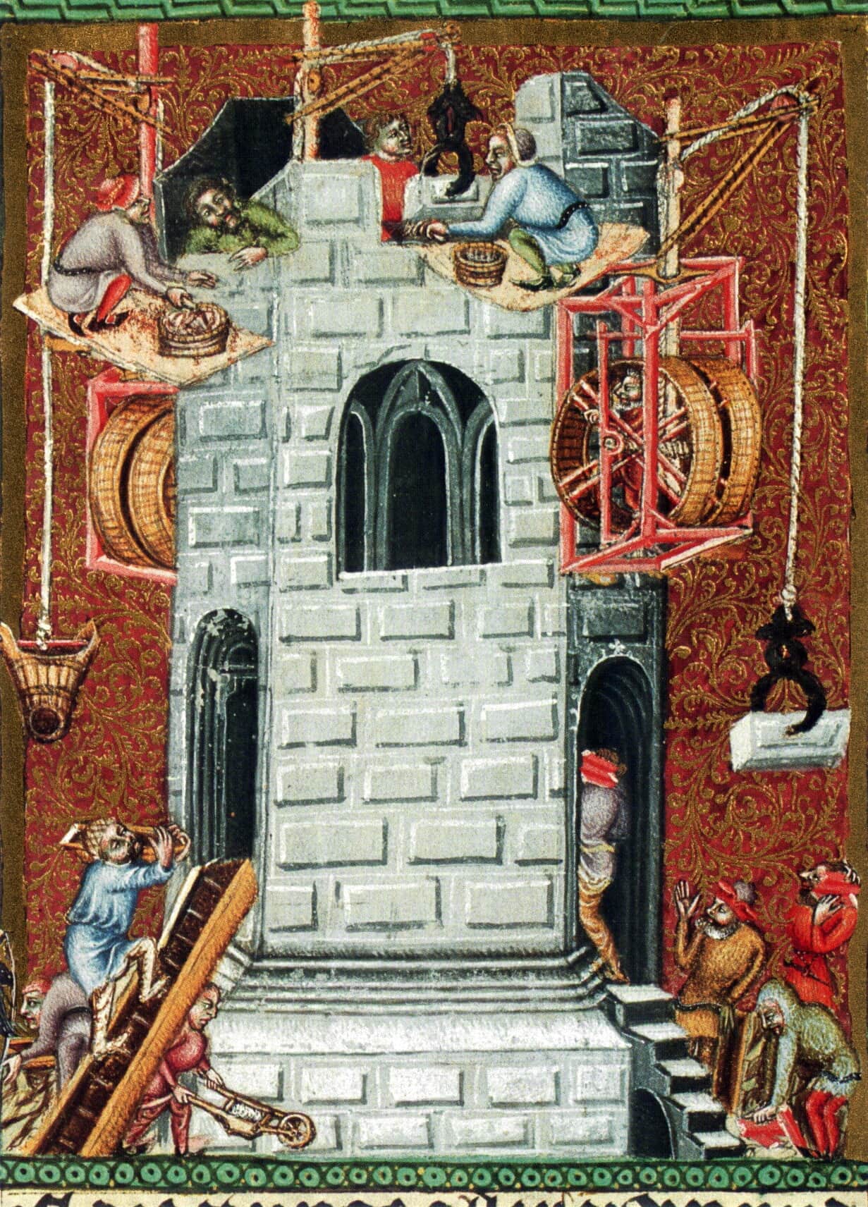 Miniatura medieval colorida da Torre de Babel: uma torre de pedra clara com guindastes de roldanas, rodas de madeira e operários com cestos, sobre fundo vermelho e dourado