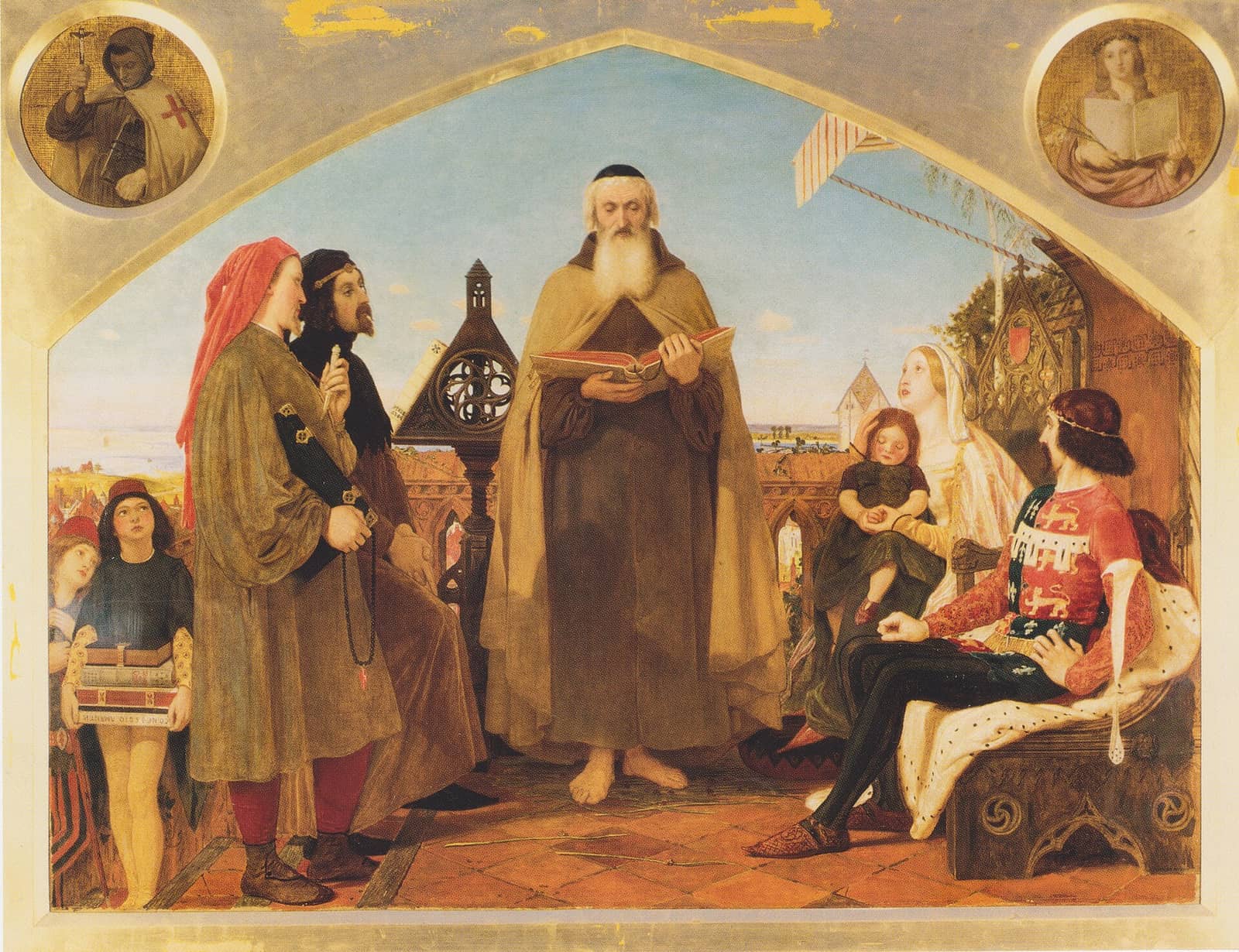 Pintura vitoriana: Wycliffe, de barba branca e hábito, lê um livro em voz alta diante de João de Gante, sentado, de sua esposa com uma criança e de outras pessoas