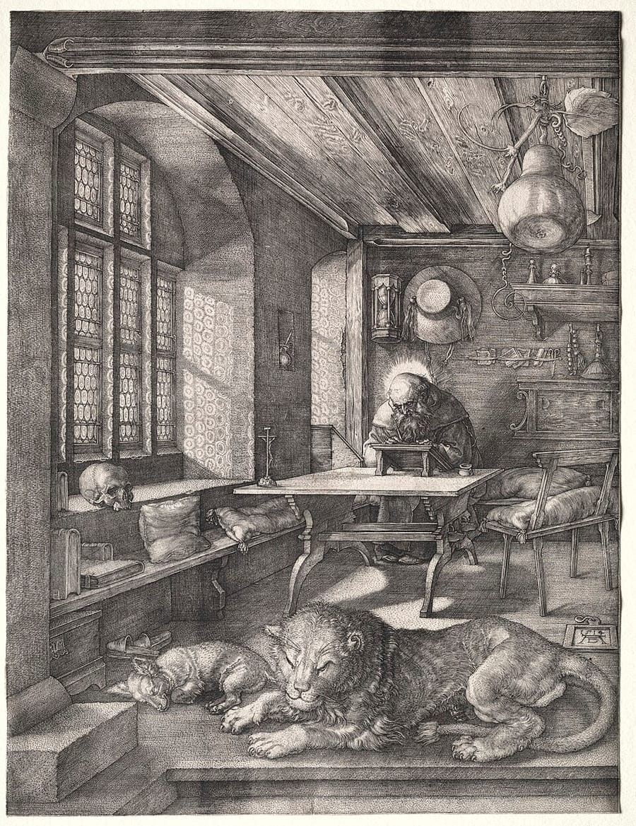 Gravura de Dürer: Jerônimo escrevendo à mesa, num cômodo cheio de luz, com um leão e um cão dormindo no chão e uma caveira no peitoril