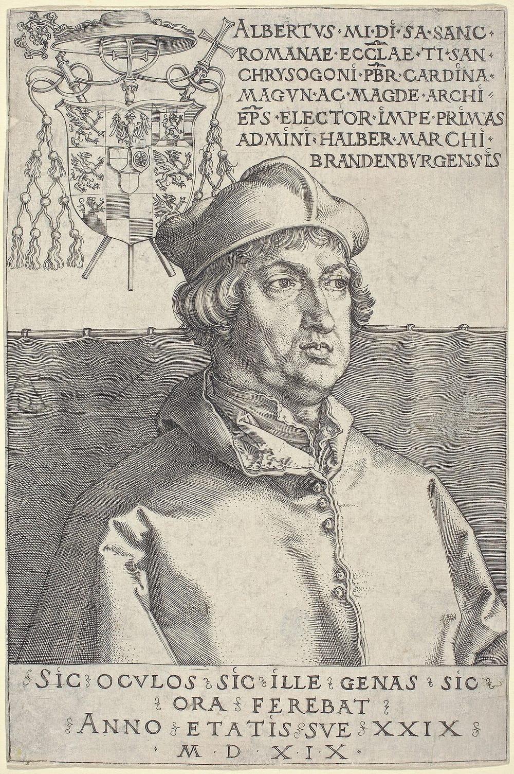 Gravura de Dürer: busto do cardeal Albrecht de Brandemburgo, de barrete, com a gola de pele e um fundo de inscrições