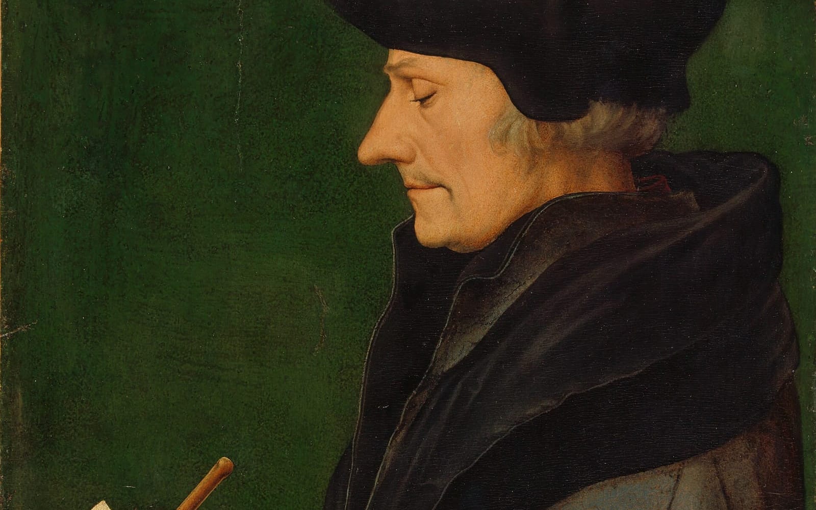 Retrato de Erasmo de Roterdã de perfil, de barrete preto, escrevendo num livro de capa vermelha; pintura de Hans Holbein, o Jovem