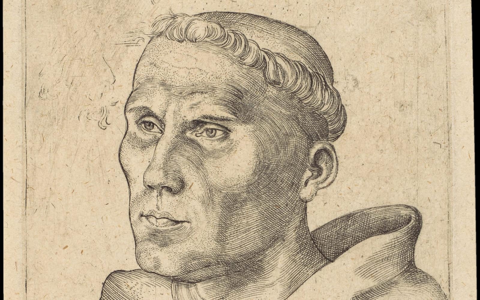 Gravura de Lucas Cranach: busto de Martinho Lutero com o hábito de monge agostiniano, olhando de lado, com uma legenda em latim embaixo