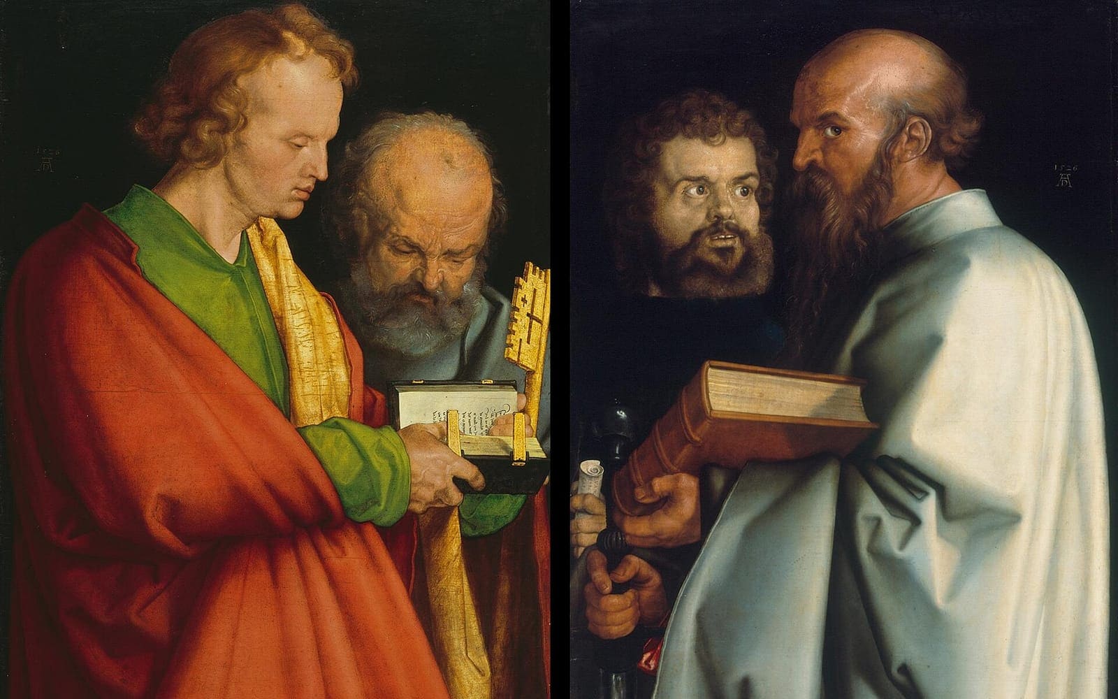 Pintura de Dürer: à esquerda, os apóstolos João, de manto vermelho, e Pedro, com a chave; à direita, Marcos e Paulo, de manto branco, com um livro grosso nas mãos