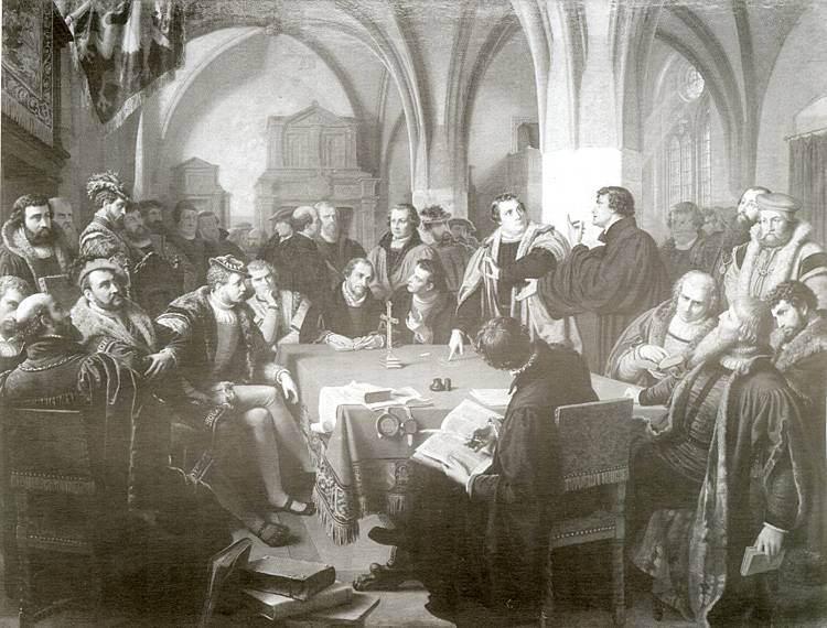 Reprodução em preto e branco de uma pintura do século XIX: Lutero e Zwingli discutem diante de uma mesa de toalha franjada, no salão gótico do castelo de Marburgo, cercados de príncipes e teólogos