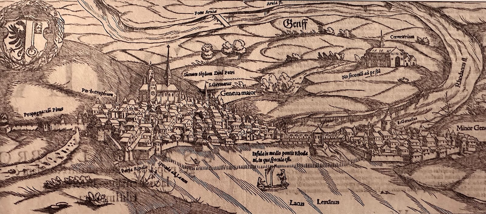 Xilogravura de Genebra em 1550: a cidade amuralhada à beira do lago, a catedral de São Pedro no alto, o rio Ródano e as colinas ao redor