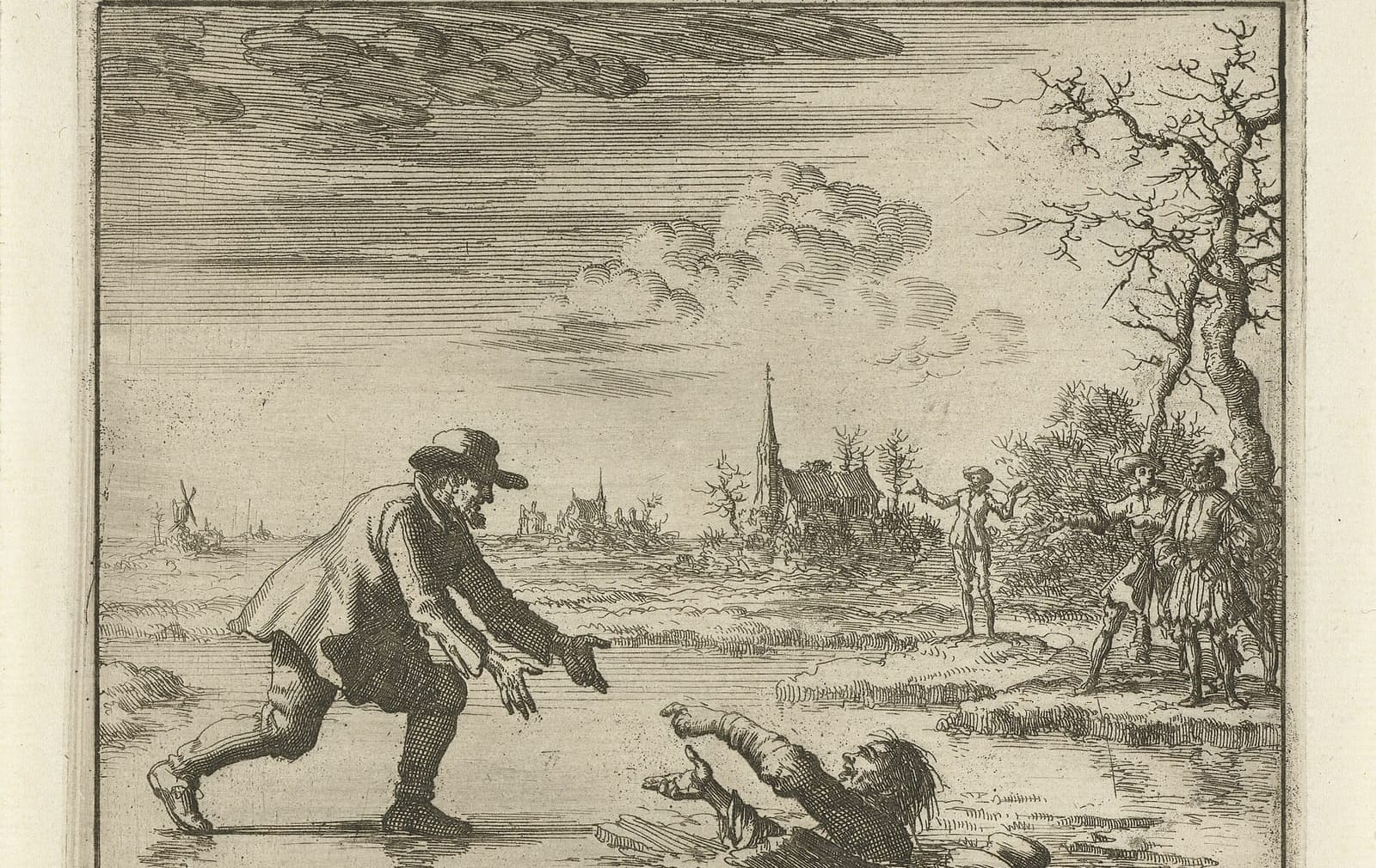 Gravura de Jan Luyken: sobre o gelo de um fosso, um homem de chapéu estende as mãos a outro que caiu na água e luta para sair; ao fundo, uma igreja e dois homens na margem