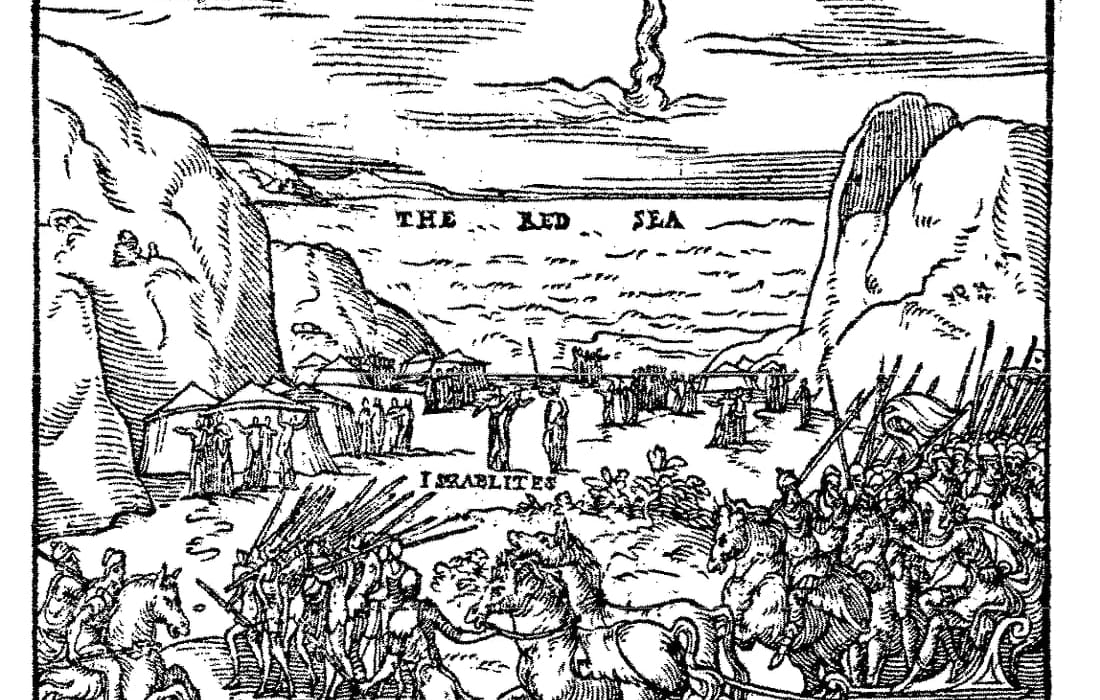 Xilogravura: os israelitas acampados diante do mar Vermelho e, em primeiro plano, a cavalaria e os carros dos egípcios