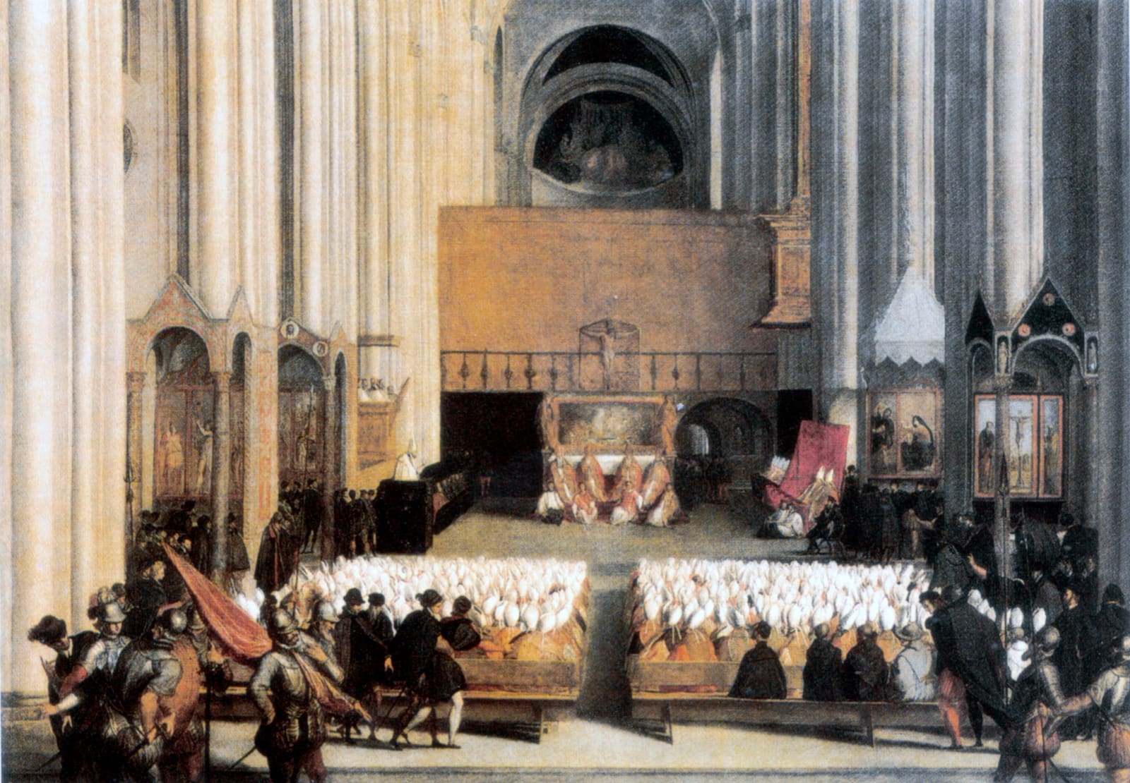 Pintura: a nave de uma catedral gótica com duas fileiras de bispos de mitra branca sentados em bancos, o altar ao fundo e soldados de armadura em primeiro plano