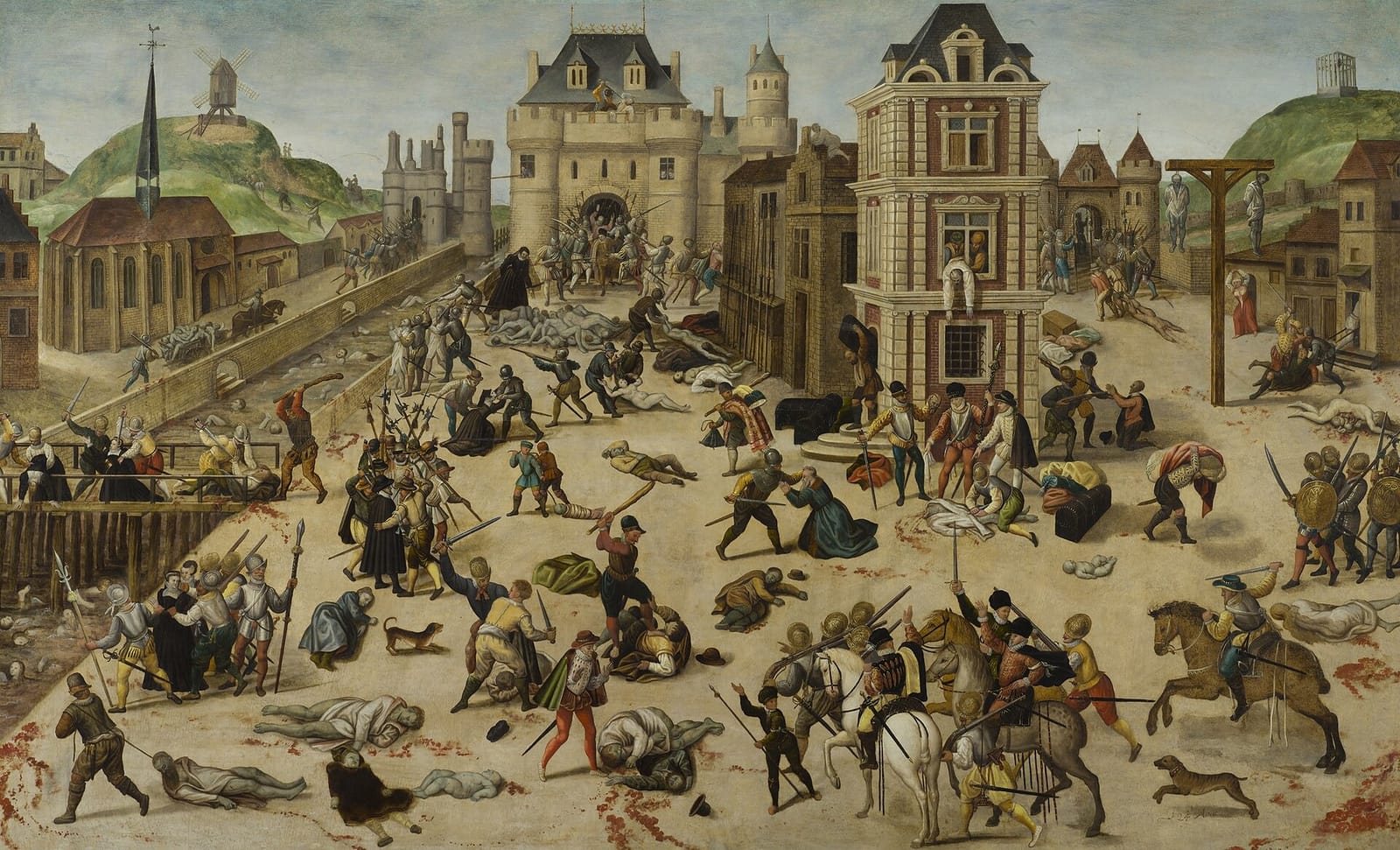Pintura de uma praça de Paris com soldados armados, corpos pelo chão, uma ponte à esquerda e uma casa de esquina à direita de cuja janela um corpo é jogado