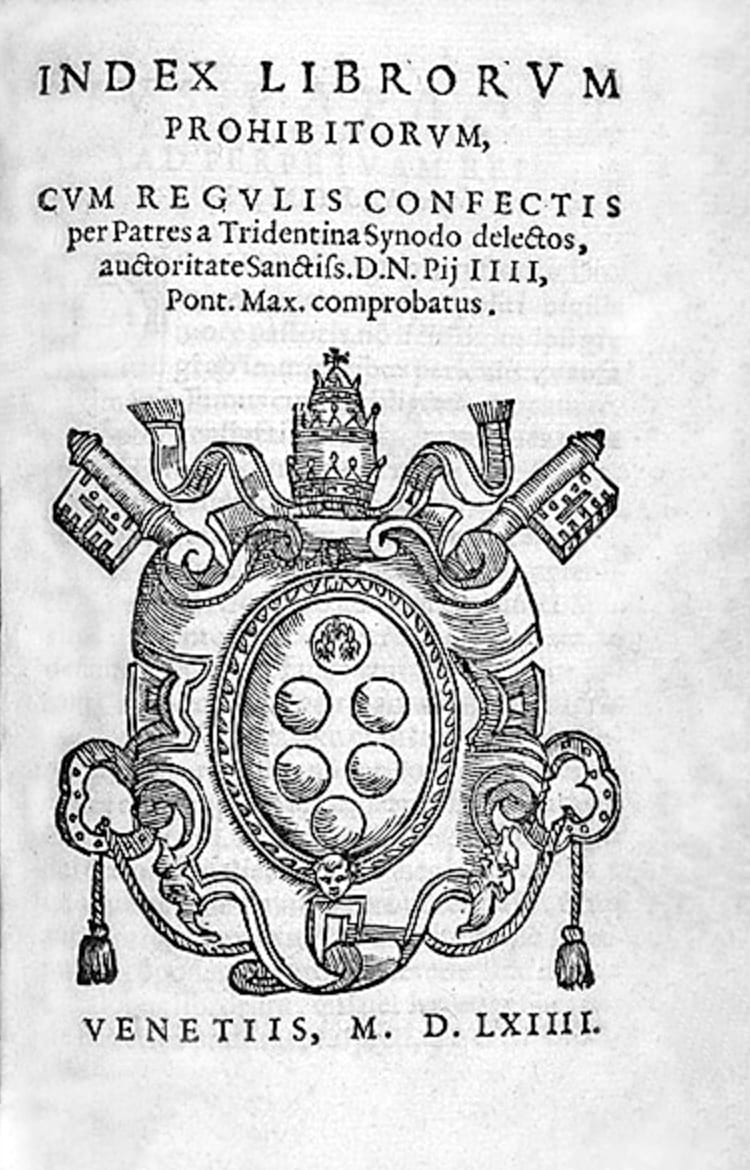 Página de rosto do Índice dos livros proibidos de 1564, com o título em latim e, embaixo, o brasão papal com as chaves e a tiara