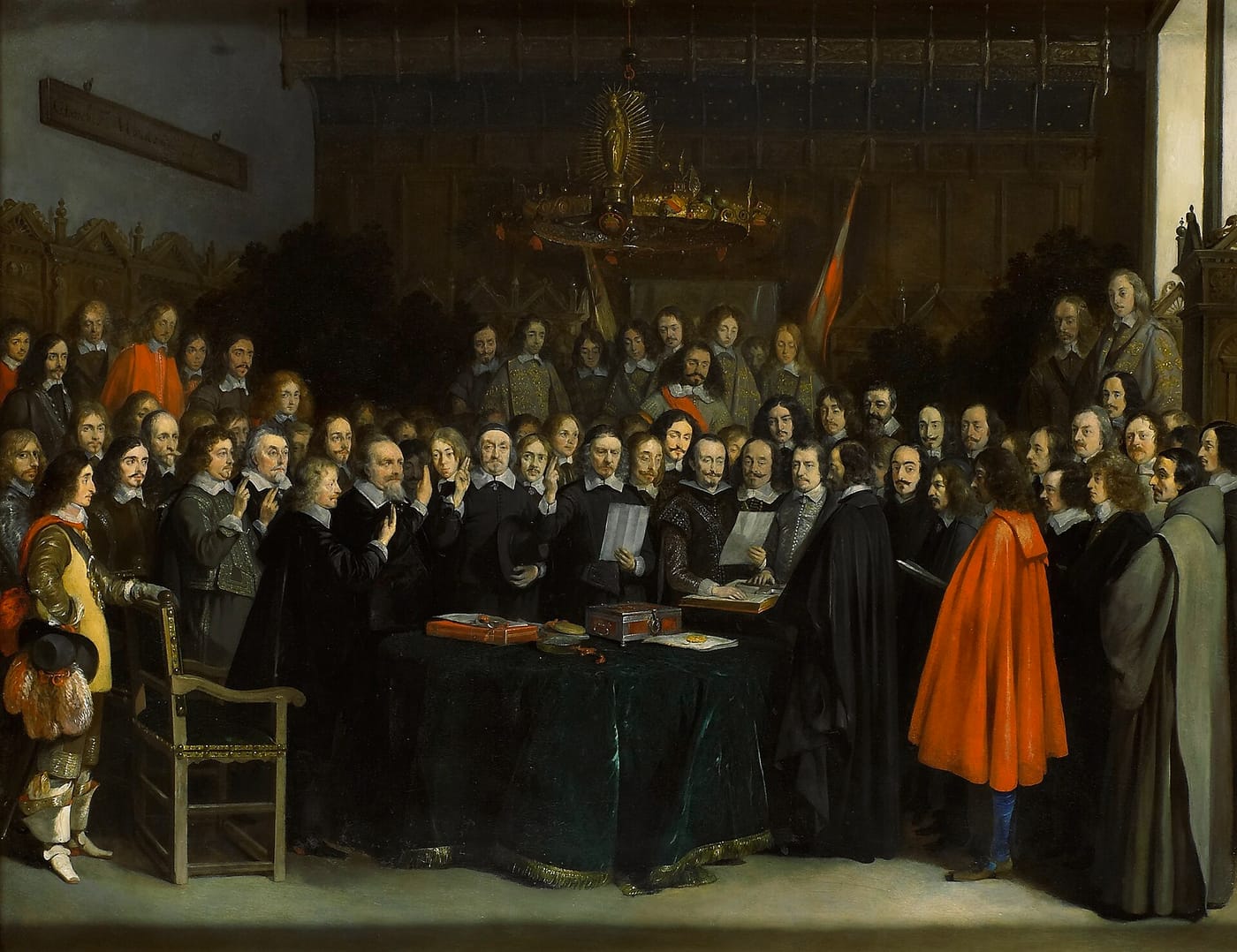 Pintura de um salão com delegados em pé e sentados em volta de uma mesa, com a mão levantada para jurar