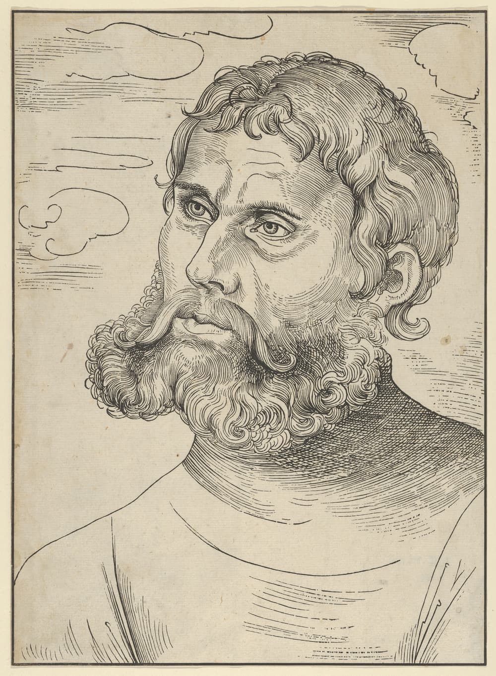 Xilogravura de Cranach: busto de Lutero com barba cheia e cabelos cacheados, em camisa simples, com nuvens ao fundo