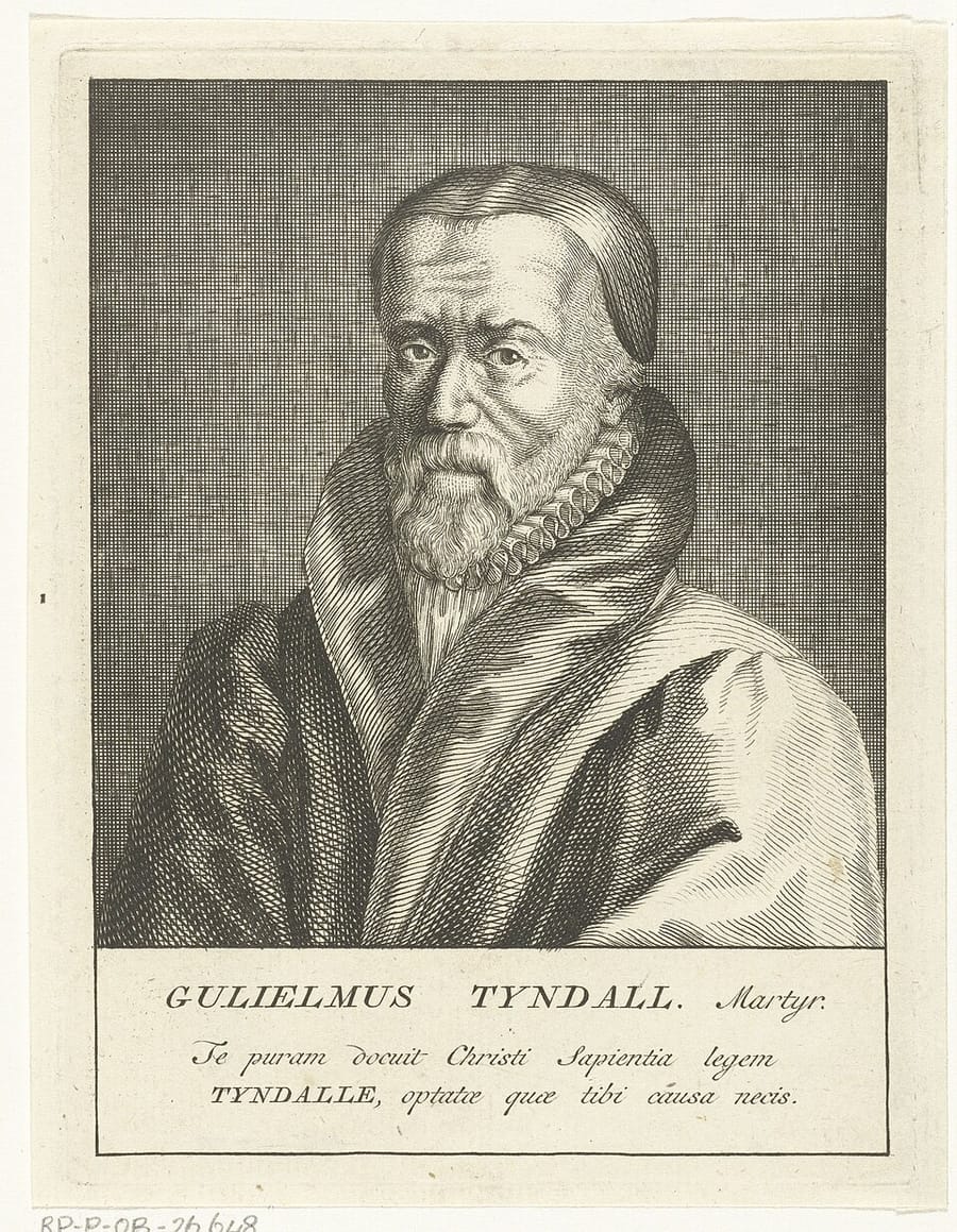 Gravura: retrato de busto de um homem de barba e gola de pregas, com a inscrição Gulielmus Tyndall Martyr e dois versos em latim embaixo