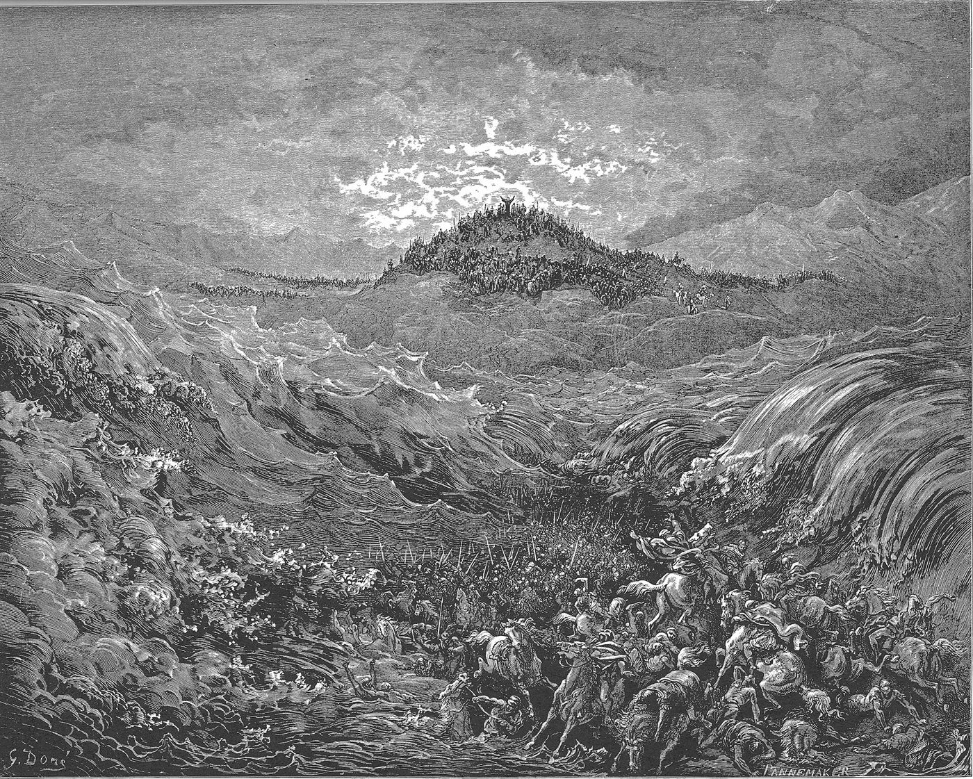 Os egípcios se afogam no mar, gravura de Gustave Doré