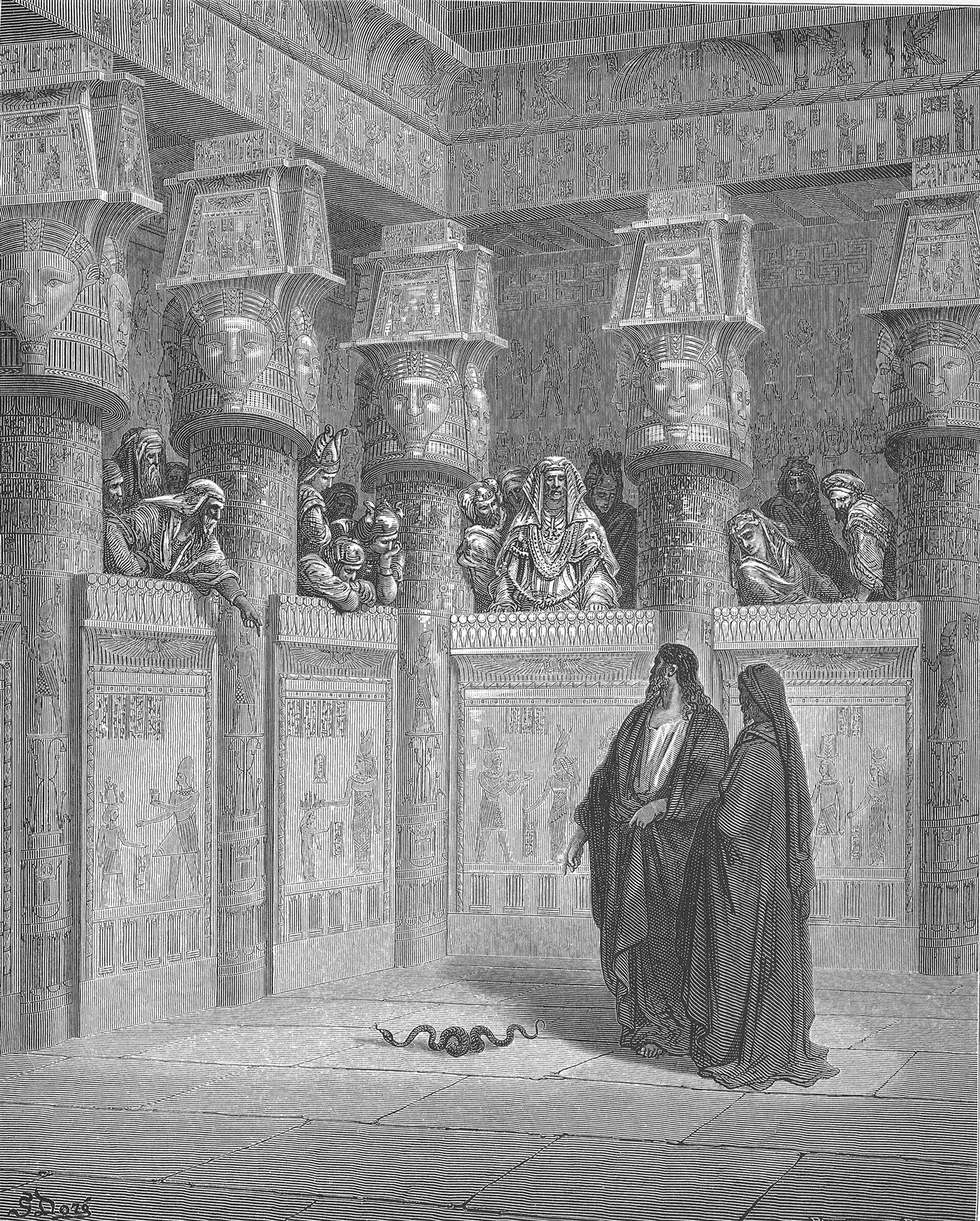 Moisés e Arão diante de Faraó, gravura de Gustave Doré
