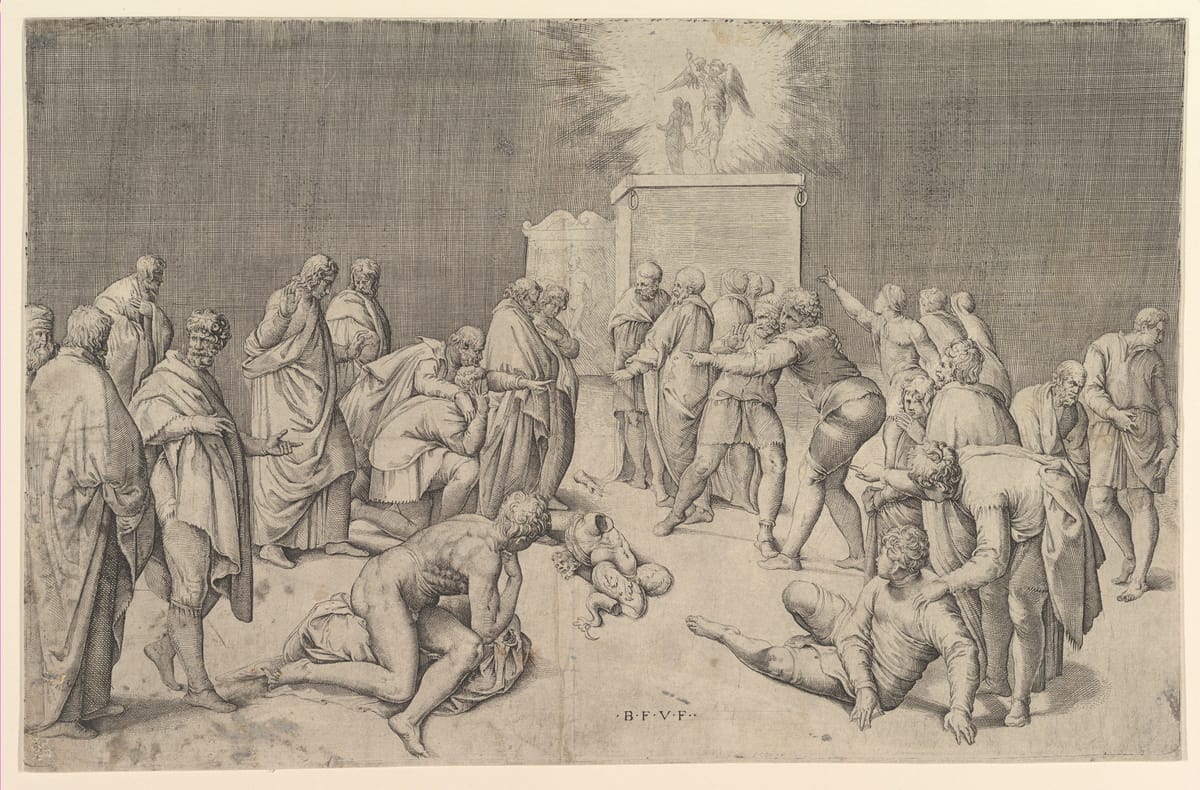 Gravura de Battista Franco com figuras agitadas diante de um altar com a arca, sob um clarão