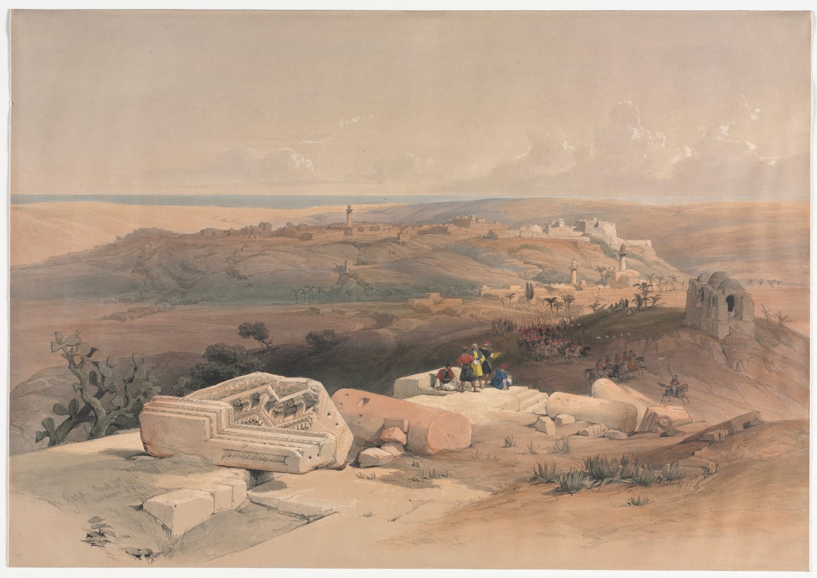 Vista de Gaza, com a cidade no alto da colina e capitéis antigos caídos em primeiro plano; litografia colorida de David Roberts
