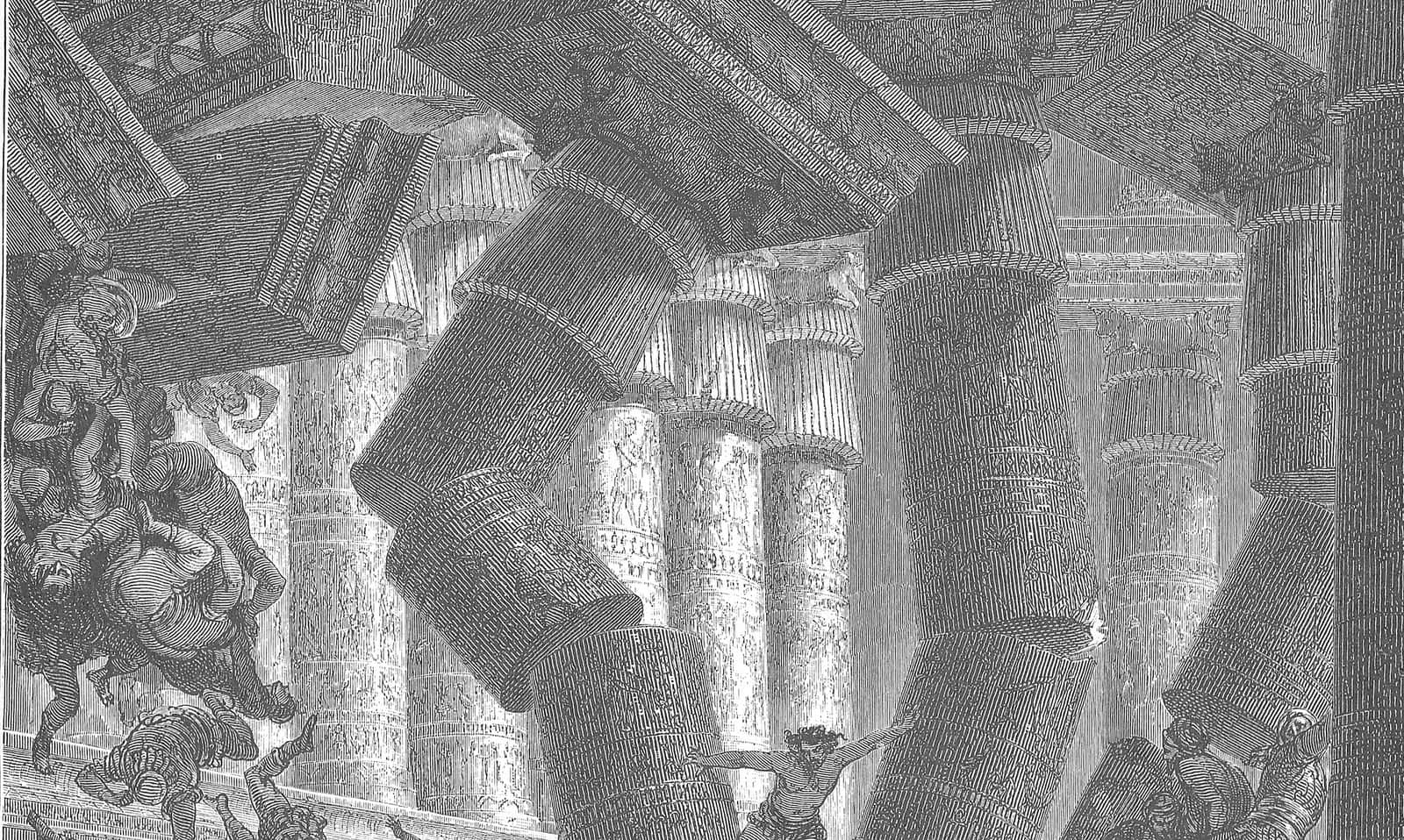 A casa do deus Dagom desabando sobre os filisteus na morte de Sansão; gravura de Gustave Doré