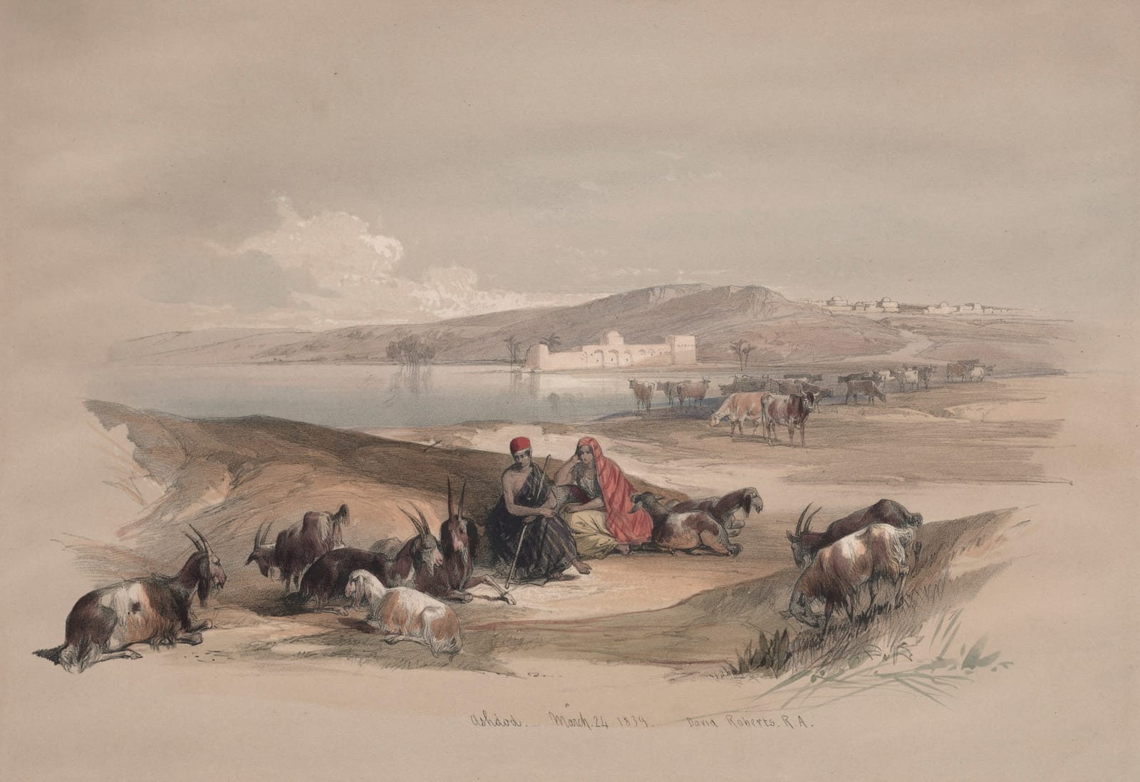 Vista de Asdode, com pastores e cabras em primeiro plano e a cidade ao fundo; litografia colorida de David Roberts