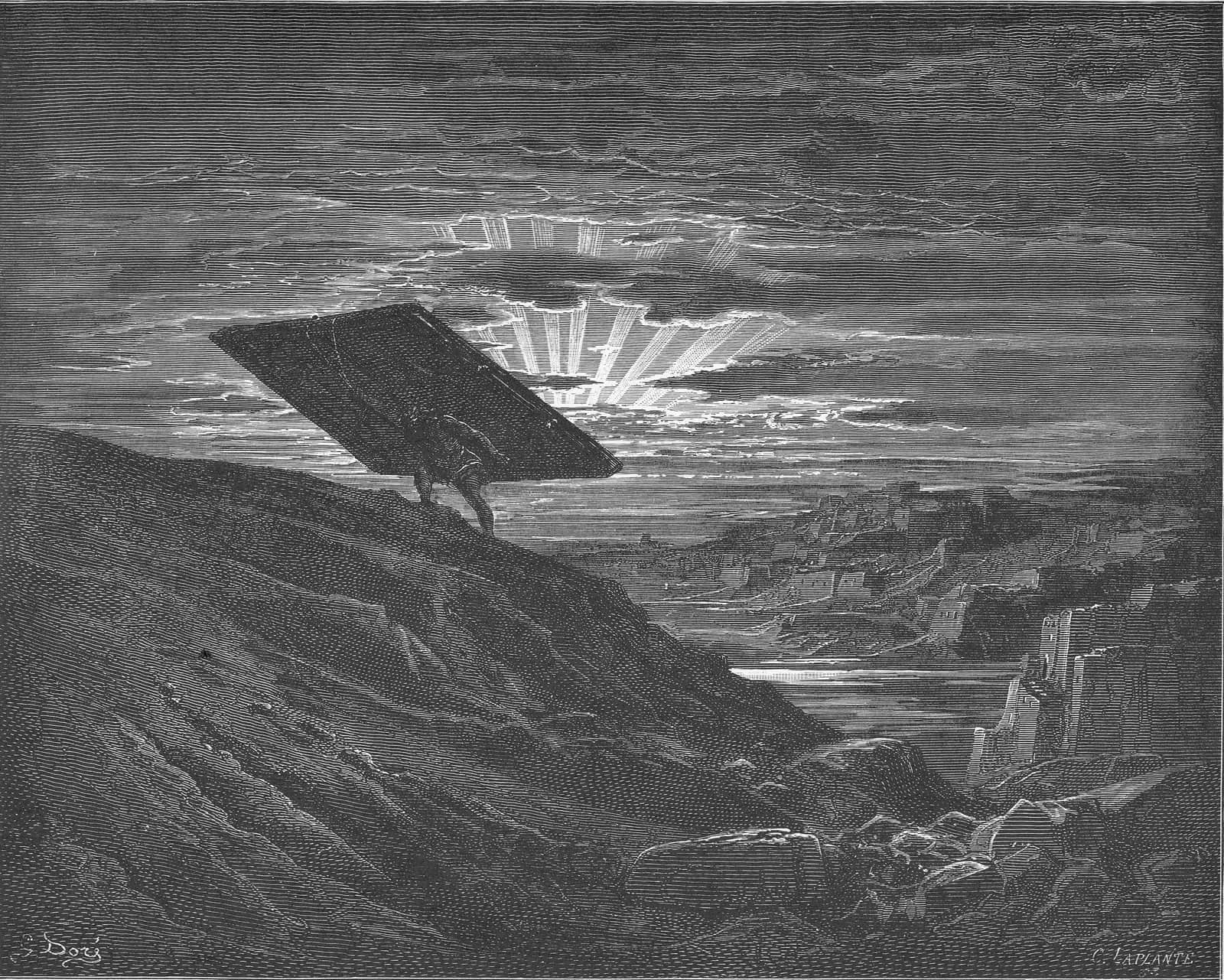 Sansão carrega as portas de Gaza morro acima ao amanhecer; gravura de Gustave Doré